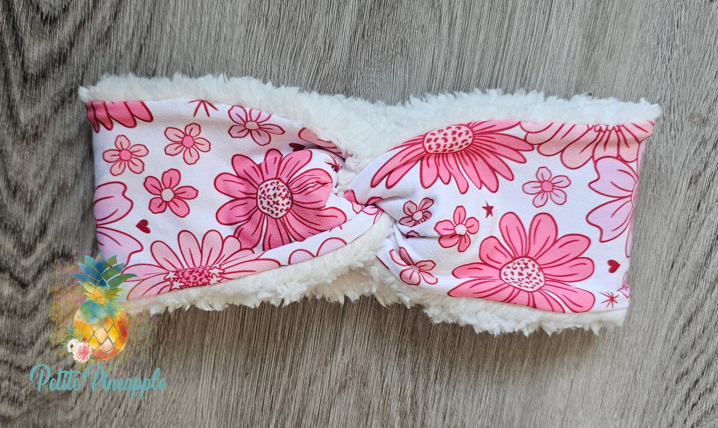 Pink floral sherpa lined headband