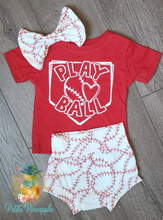 Load image into Gallery viewer, Baseball Sister Outfit - Baseball sister shirt and bummie shorts - Baseball lace shorts - Baseball bow - Baseball Sister outfit
