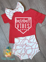 Load image into Gallery viewer, Baseball Sister Outfit - Baseball sister shirt and bummie shorts - Baseball lace shorts - Baseball bow - Baseball Sister outfit
